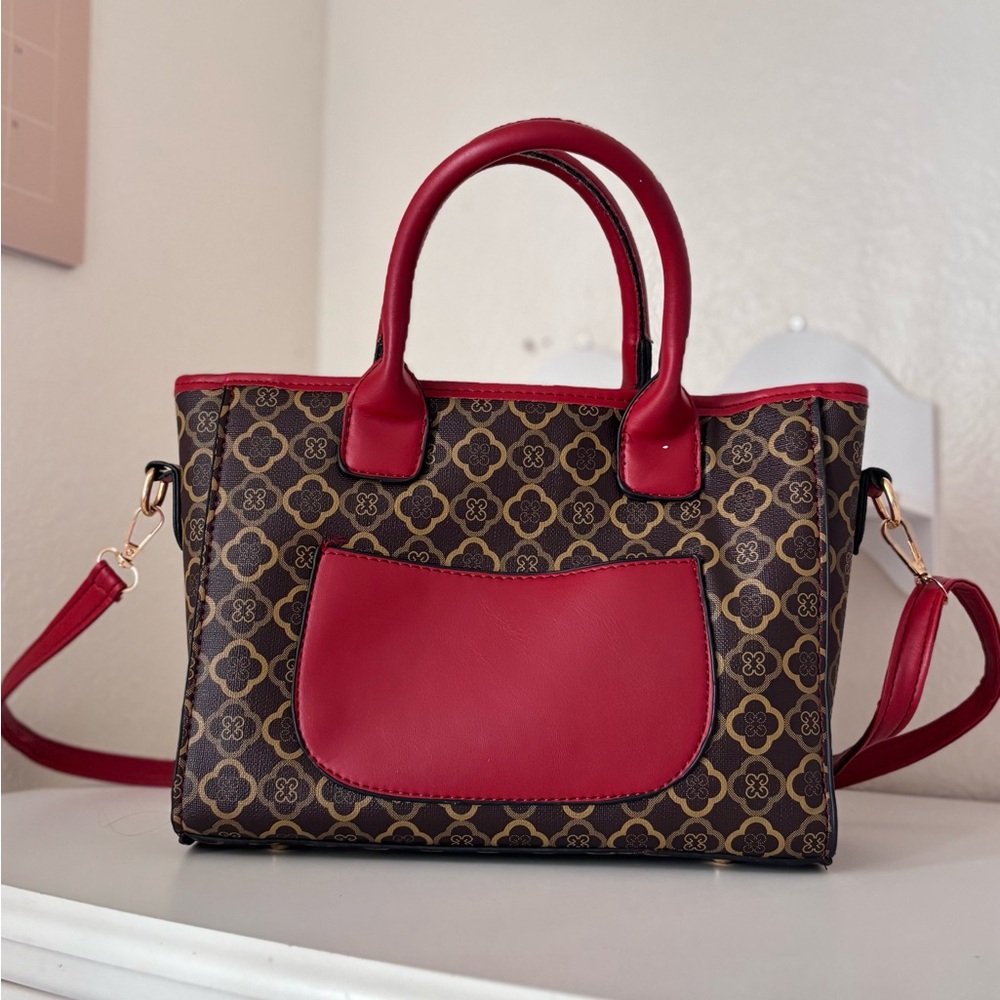 Elegant Red and Brown Patterned Women's Handbag
